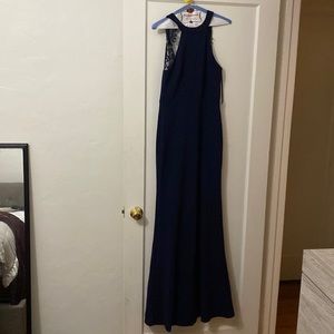 Navy long dress worn for a wedding